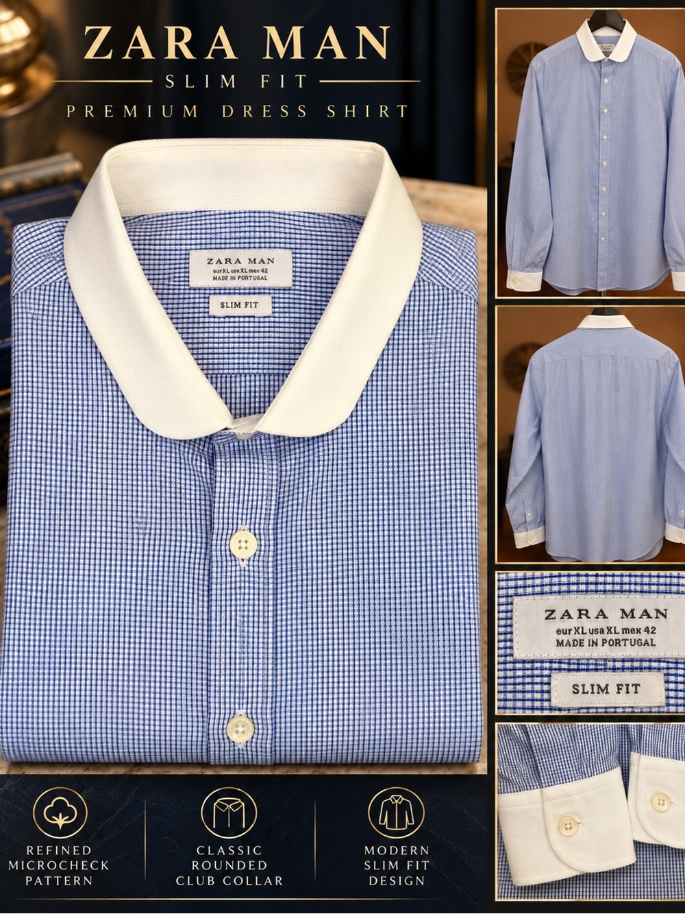 Zara Men Slim Fit Blue Microcheck Dress Shirt with White Club Collar